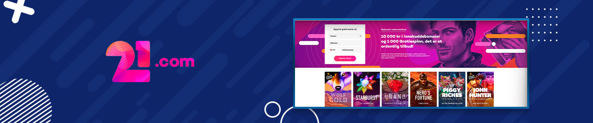Forsiden til nettcasinoet 21.com 21.com forside