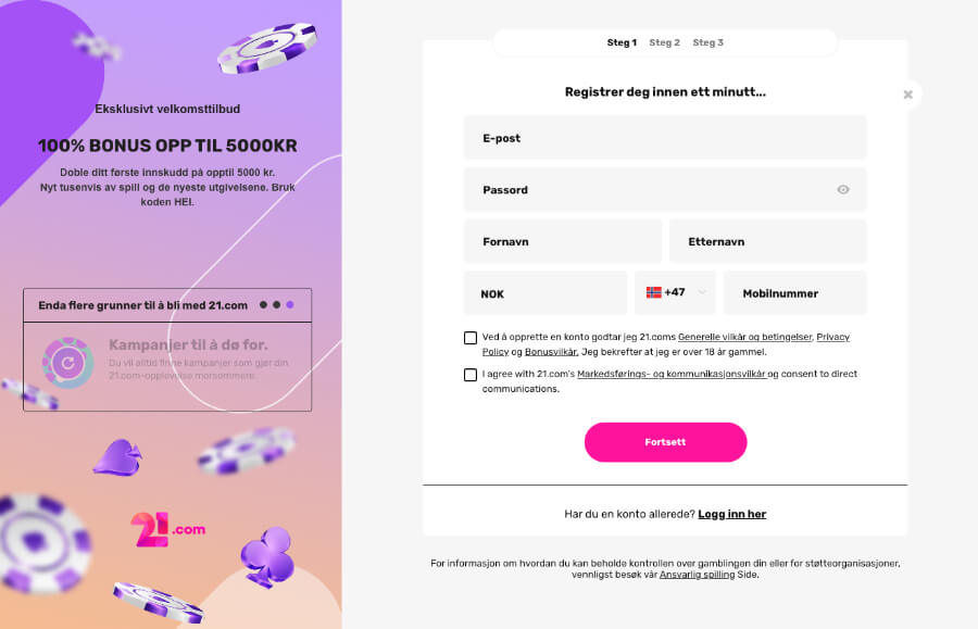 Det er en enkel og rask registrering av en spillekonto hos 21.com