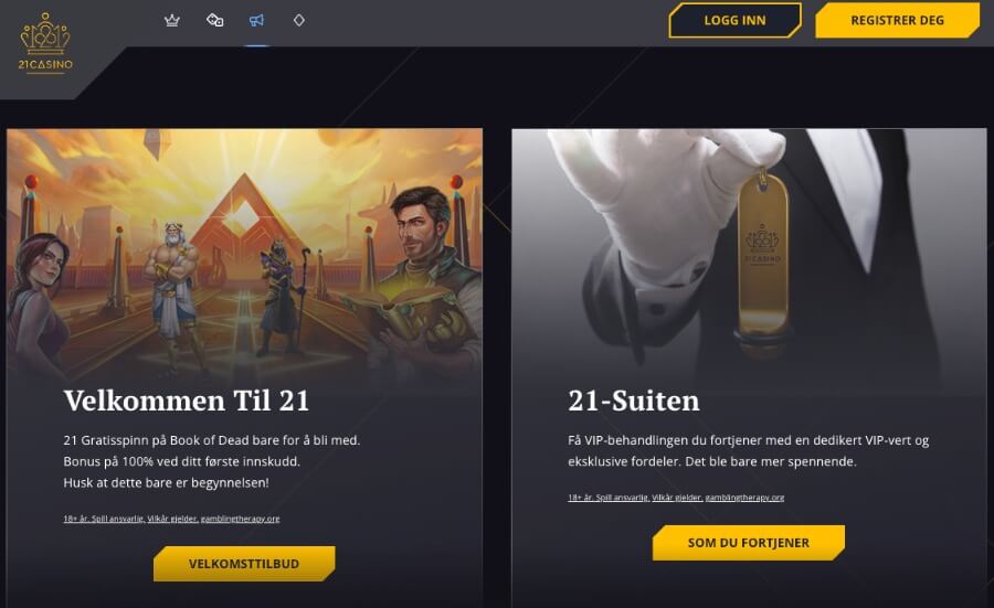 21 Casino har en kampanjeside som viser velkomstbonusen og VIP-programmet