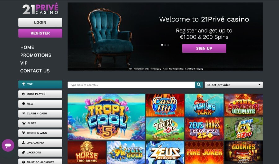 21Prive Casino forside og bonus