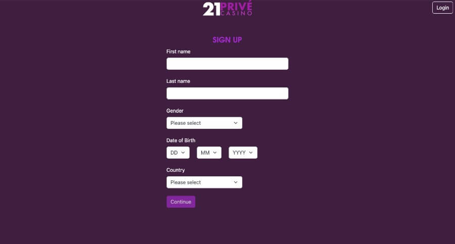 Registrering hos 21Prive Casino