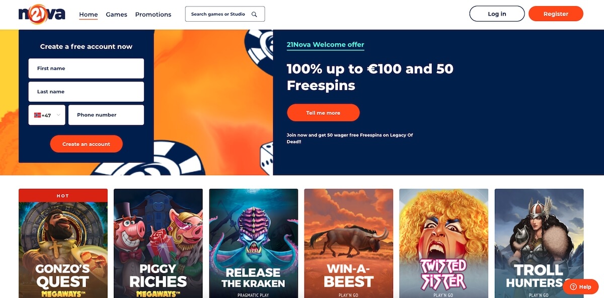 Forsiden til nettcasinoet 21Nova 21Nova forside