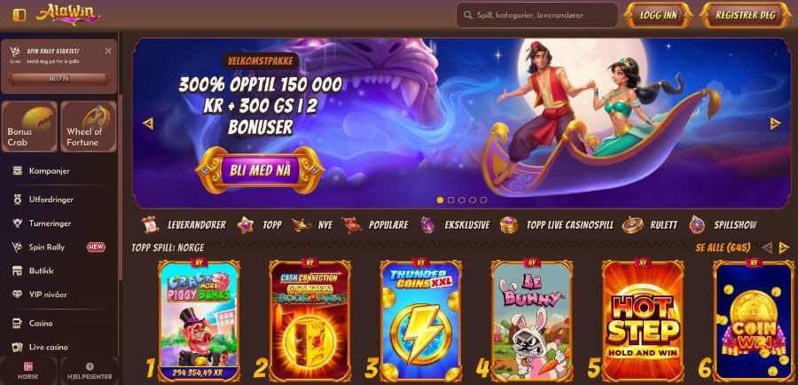 Forsiden til Alawin med en eksklusiv bonus gjennom NorgeKasino