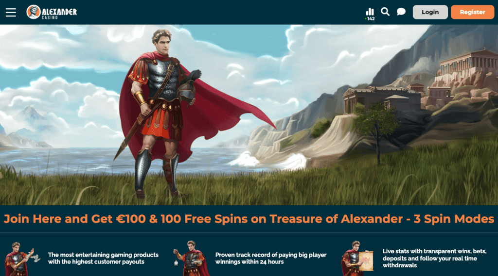 Forsiden til kryptocasinoet Alexander Casino