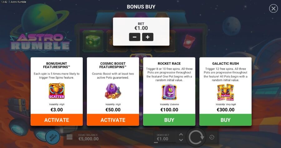 Bonus buy-funksjon på spilleautomaten Astro Rumble