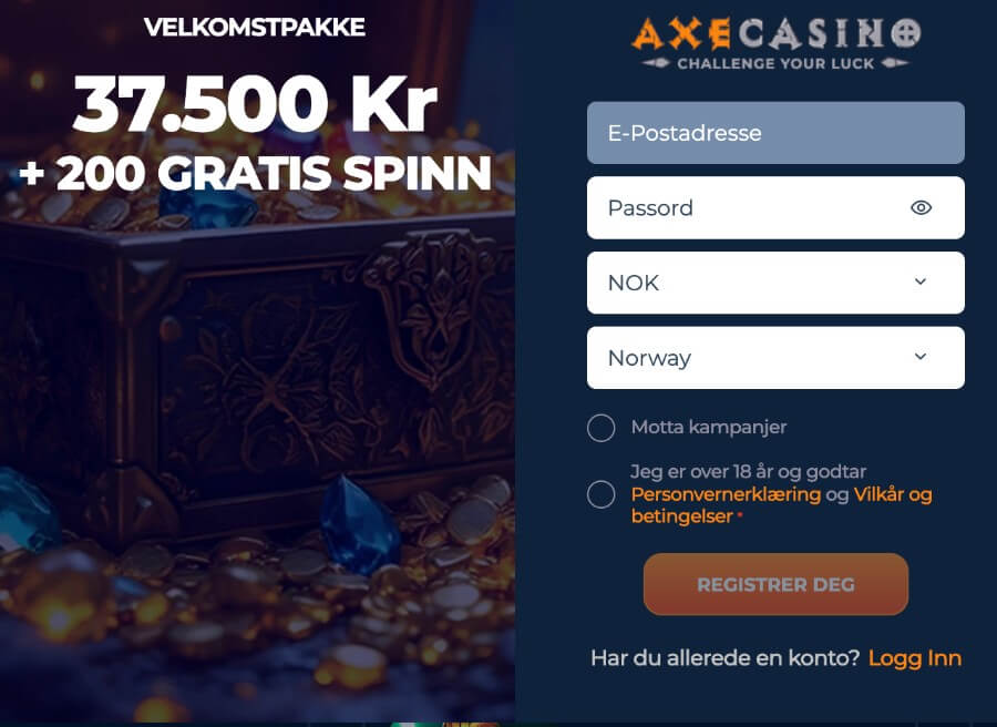 Axe Casino Registrere