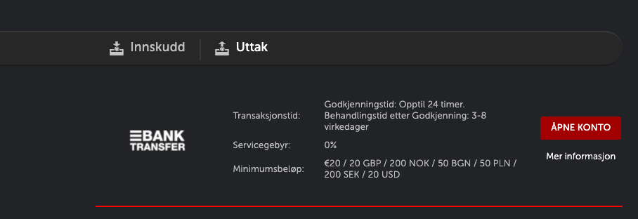 Bankoverføring hos Betsafe