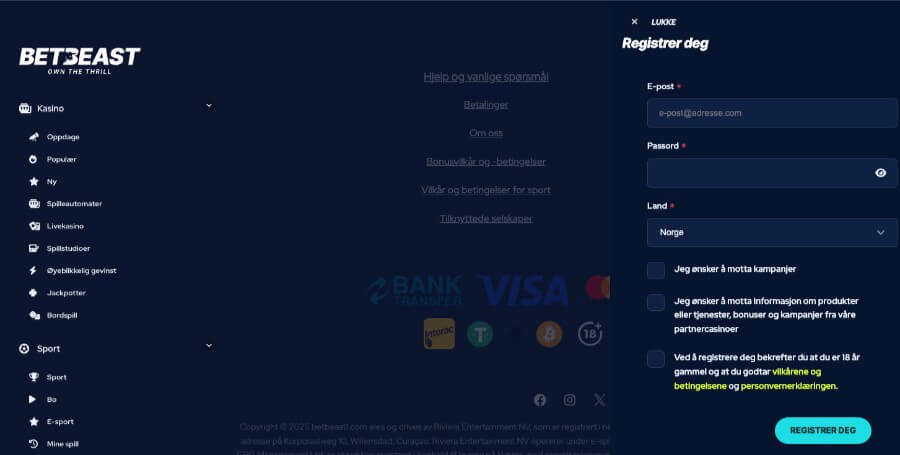 Ragistrering av en spillekonto hos BetBeast