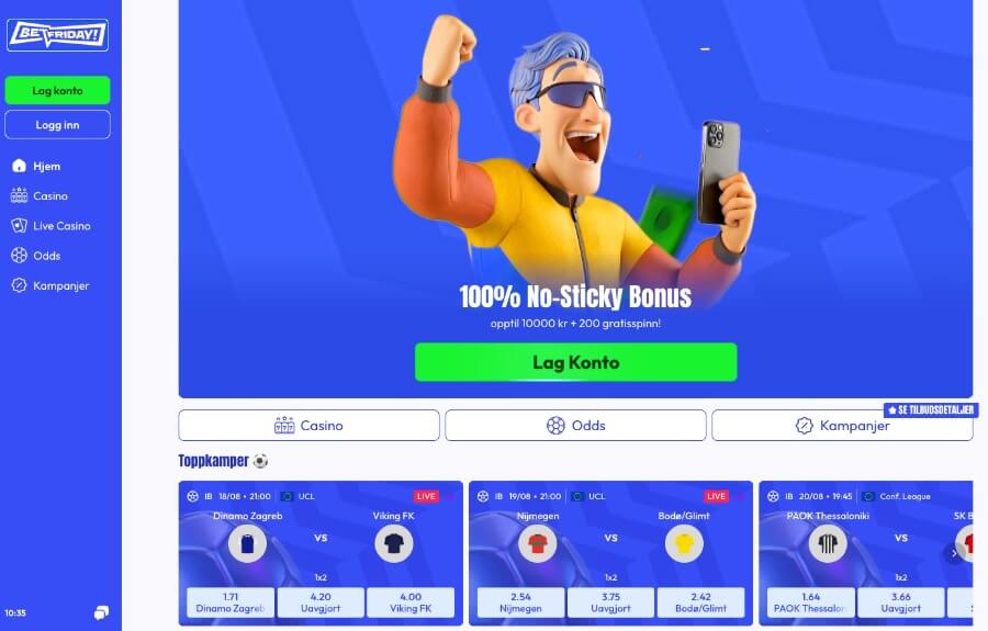 BetFriday forside med bonus