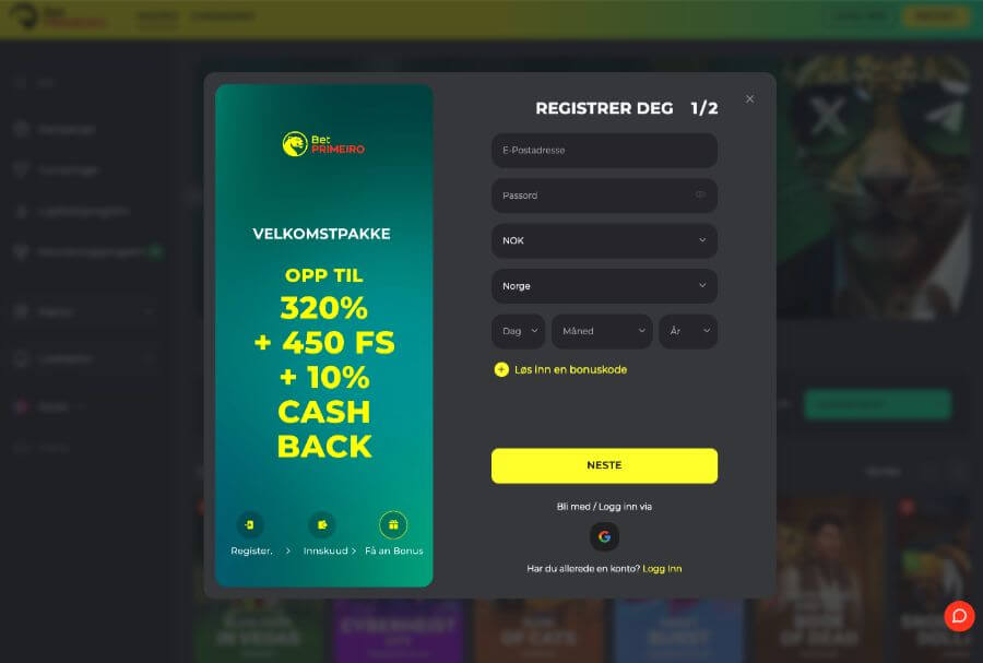 Registrering av en spillekonto hos BetPRIMEIRO