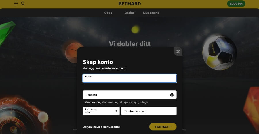 Bethard har en rask og enkel registrering av en spillekonto