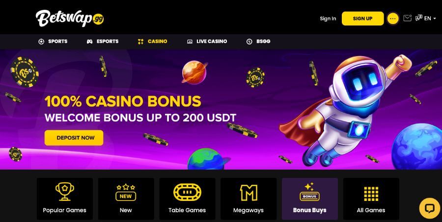 Forsiden til kryptocasinoet Betswap