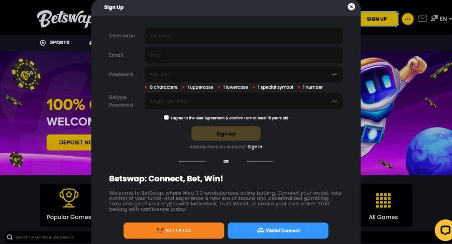 Registrering av en spillekonto hos Betswap kan gjøres gjennom Metamask eller din egen kryptowallet