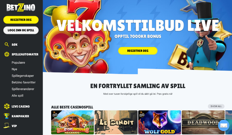 Forsiden til kryptocasinoet Betzino har et enkelt og oversiktlig design