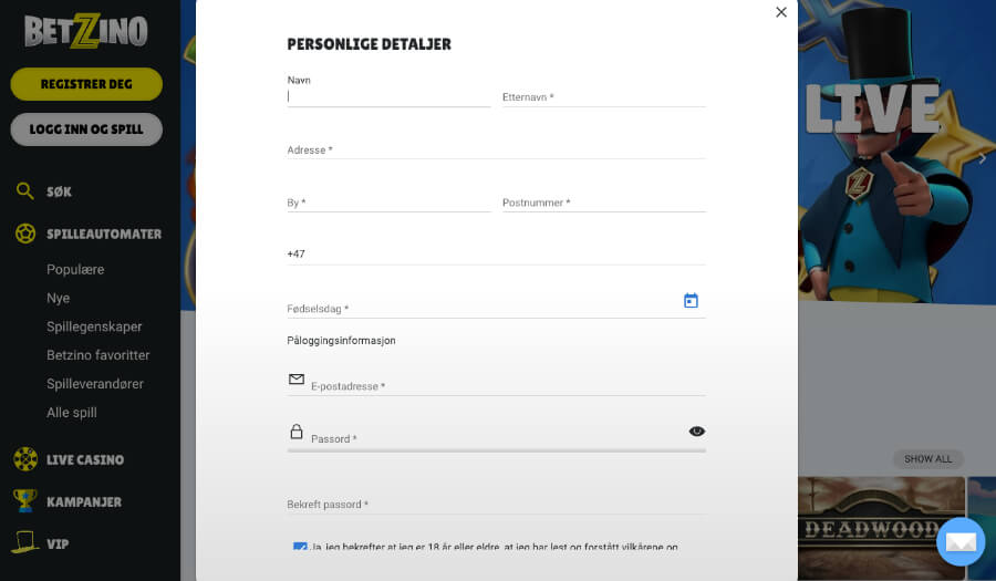 Det er en enkel registrering av en spillekonto hos Betzino