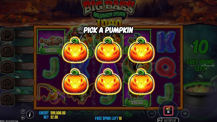 Valg av gresskar før bonusen med free spins på Big Bass Splash Halloween 1000