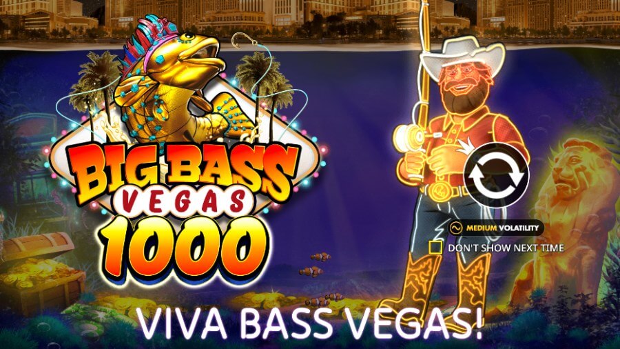 Introbilde på spilleautomaten Big Bass Vegas 1000 fra Reel Kingdom/Pragmatic Play