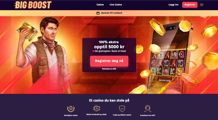 Forsiden til BigBoost med en velkomstbonus