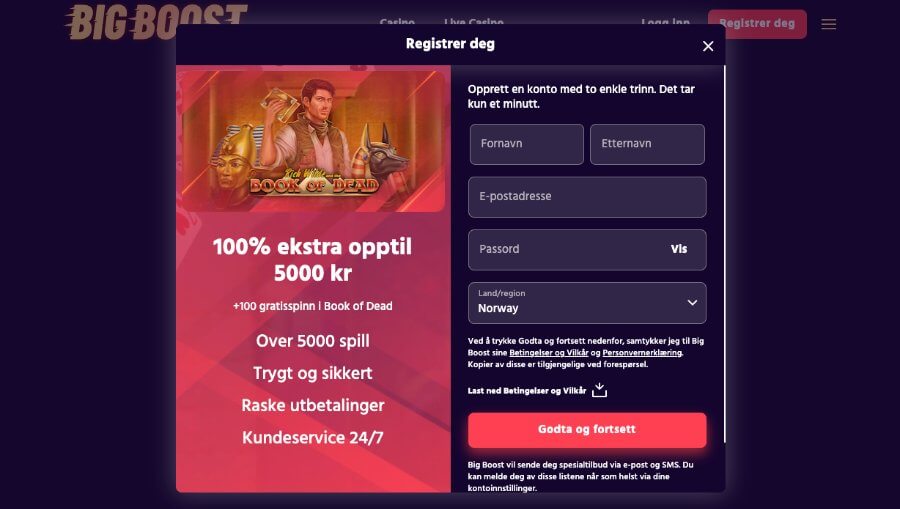 Registrering av en spillekonto hos kryptocasinoet Big Boost