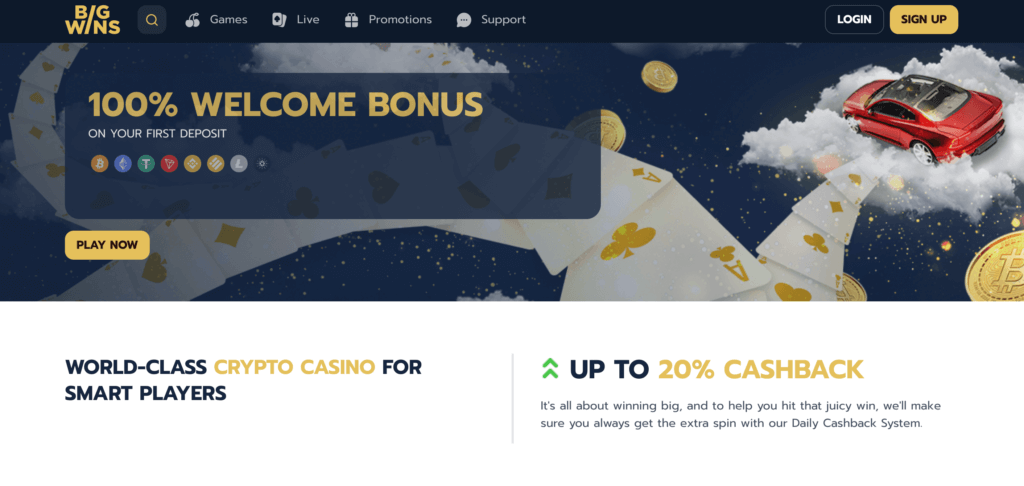 Big Wins er et kryptocasino med en velkomstbonus som inneholder omsetningsfrie free spins