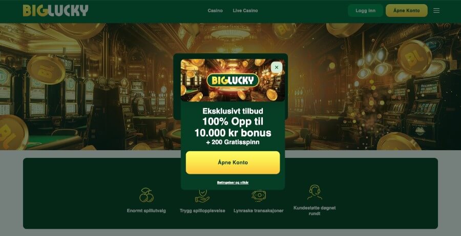 Forsiden til BigLucky med en eksklusiv bonus.