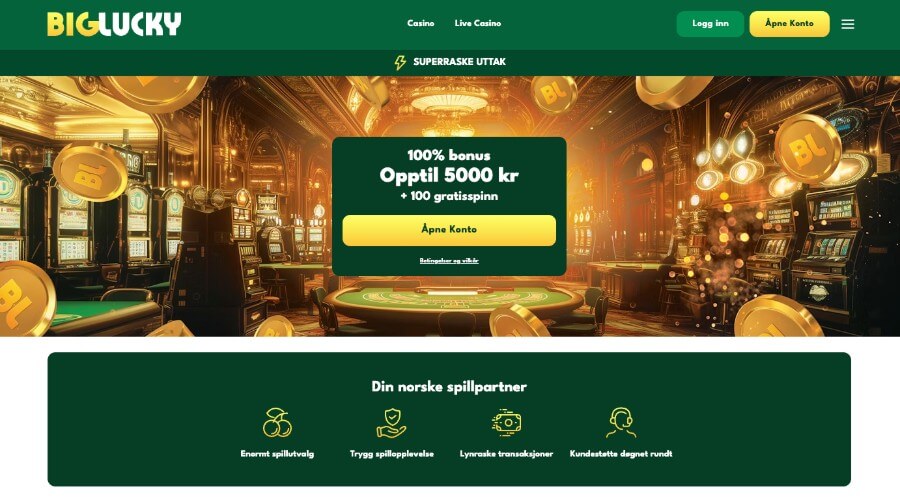 BigLucky har en oversiktlig forside og en god velkomstbonus med free spins