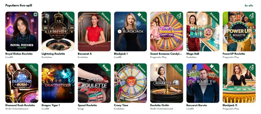 BigLucky har et live casino med klassiske bordspill og live game show-spill
