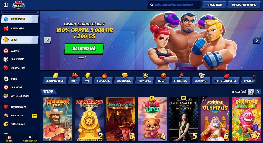 Forsiden til kryptocasinoet Bigclash med bonus