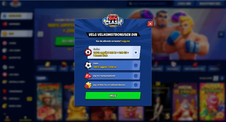 Registrering av en spillekonto hos Bigclash