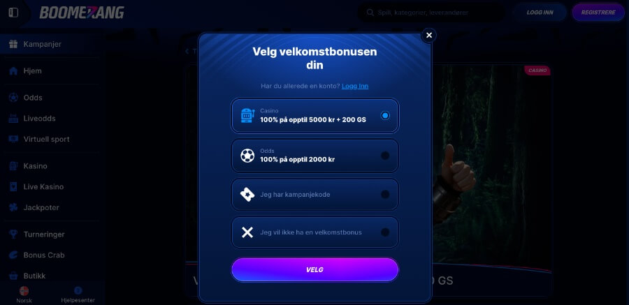 Registeringssiden til Boomerang.bet er på norsk og er gjennomført på et par minutter