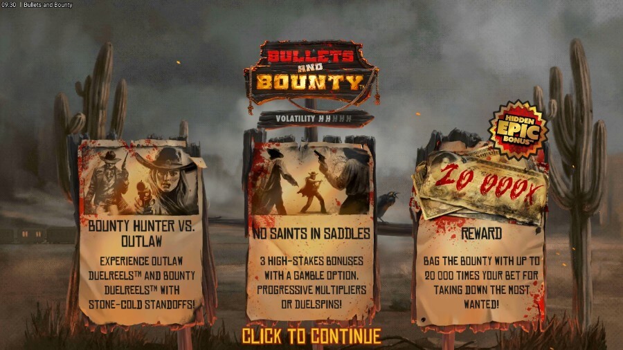 Introbilde på spilleautomaten Bullets and Bounty fra Hacksaw Gaming