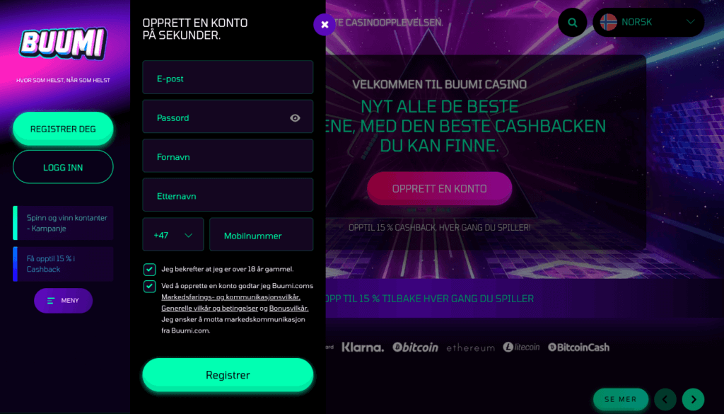 Registrering av en spillekonto hos kryptocasinoet Buumi