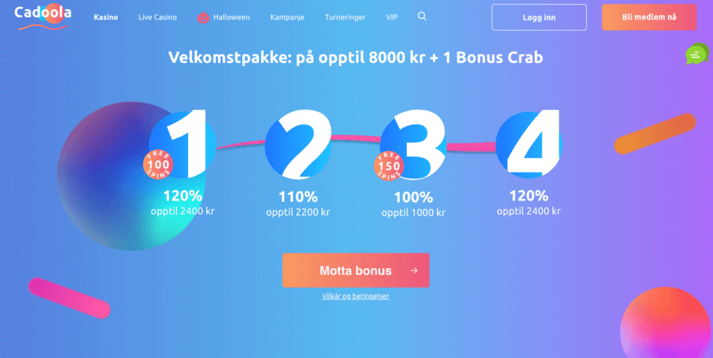 Forsiden til kryptocasinoet Cadoola