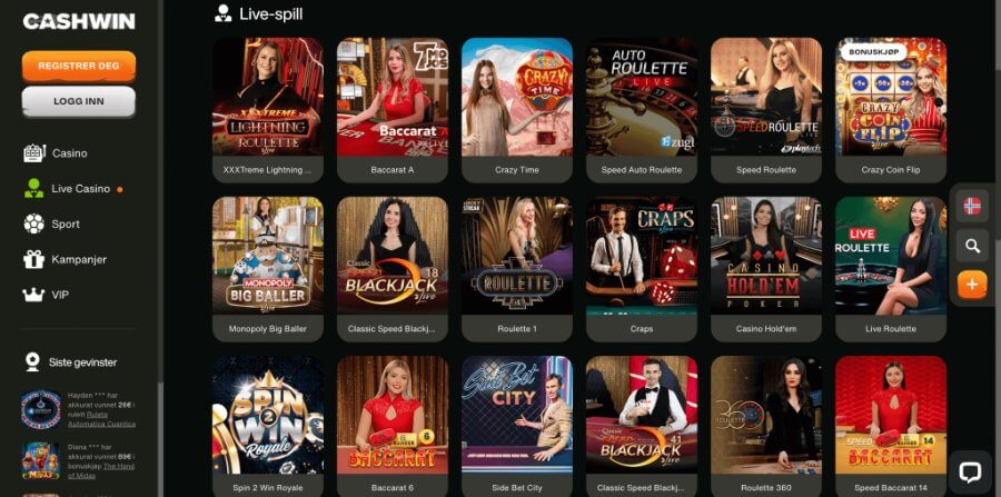 CashWin har et live casino med livespill og game show