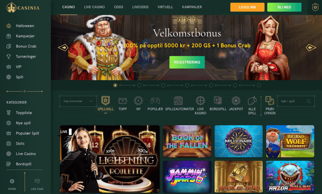 Forsiden til det kongelige kryptocasinoet Casinia