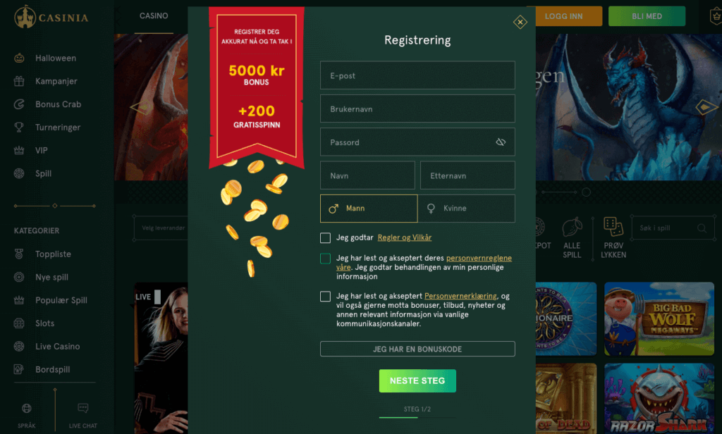 Registrering av en spillekonto hos Casinia