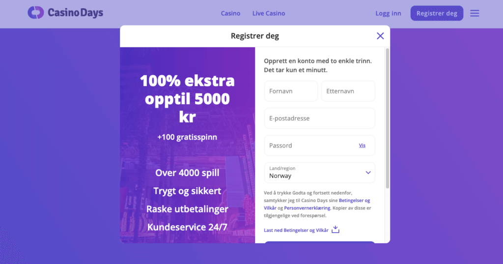 Registrering av en spillekonto hos kryptocasinoet Casino Days