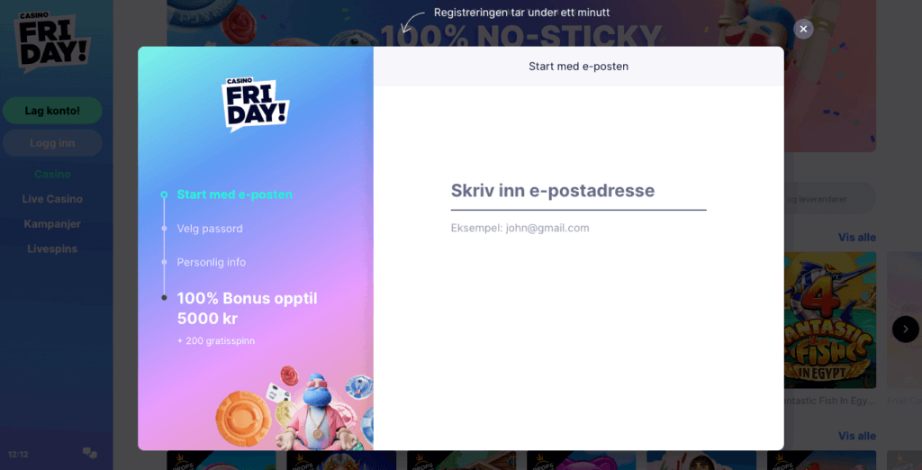 Registrering av en spillekonto hos Casino Friday