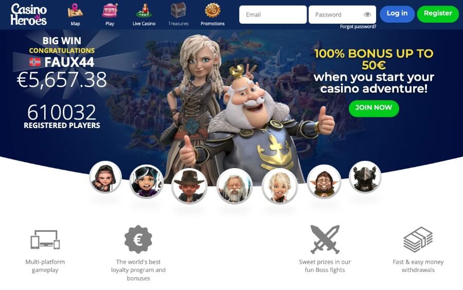 Forsiden til det spennende casinoeventyret hos Casino Heroes