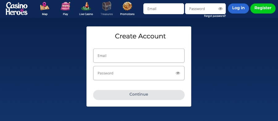 Registrering av en spillekonto hos Casino Heroes er rask og enkel