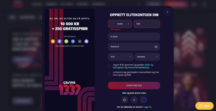 Registrering av en spillekonto hos kryptocasinoet Casino1337