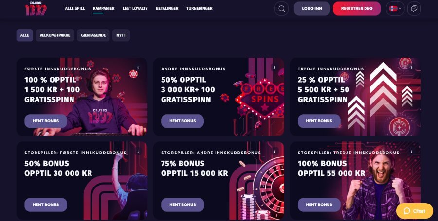 Hos Casino1337 kan du velge mellom flere velkomstbonuser