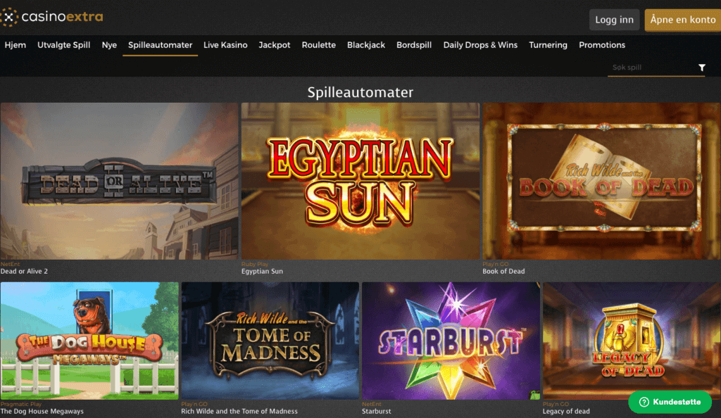 CasinoExtra forside med spilleautomater