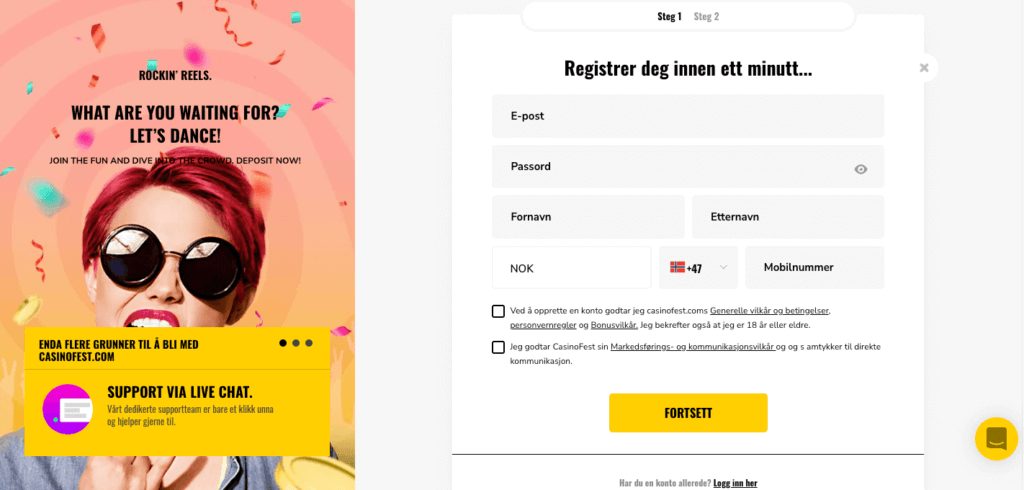 Registrering av en spillekonto hos CasinoFest