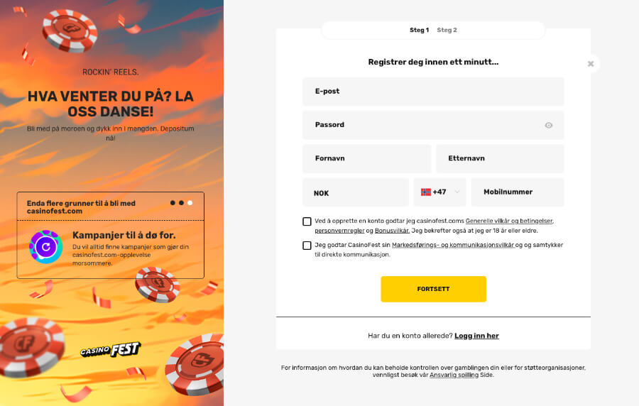 Det er enkelt og raskt å registrere en spillekonto hos CasinoFest
