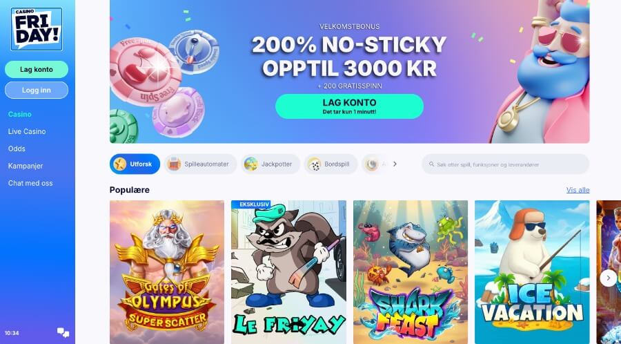 Forsiden til Casino Friday med en bonus