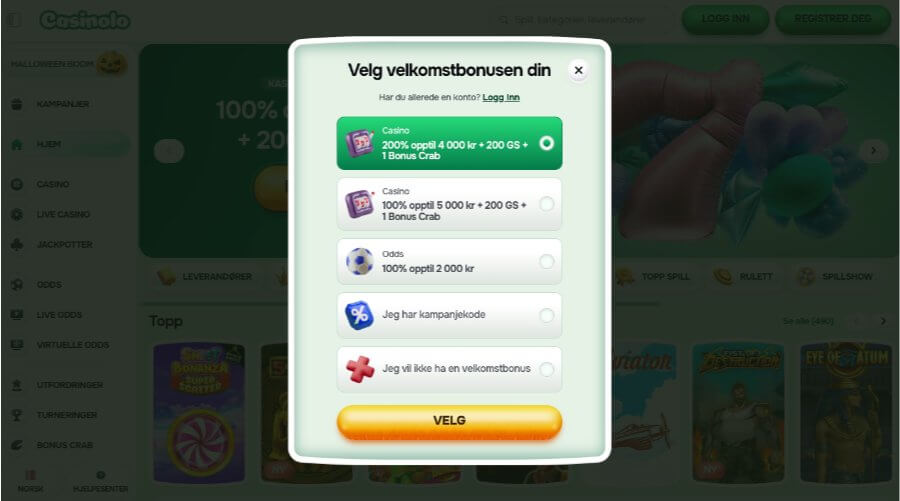 Hos Casinolo kan du velge mellom den eksklusive bonusen eller den vanlige casinobonusen når du registrerer deg