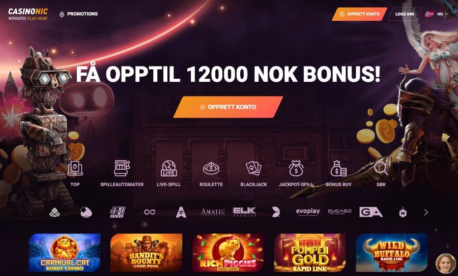 Forsiden til kryptocasinoet Casinonic er enkel og brukervennlig