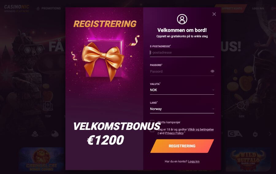 Registrering av en spillekonto hos Casinonic er rask og enkel