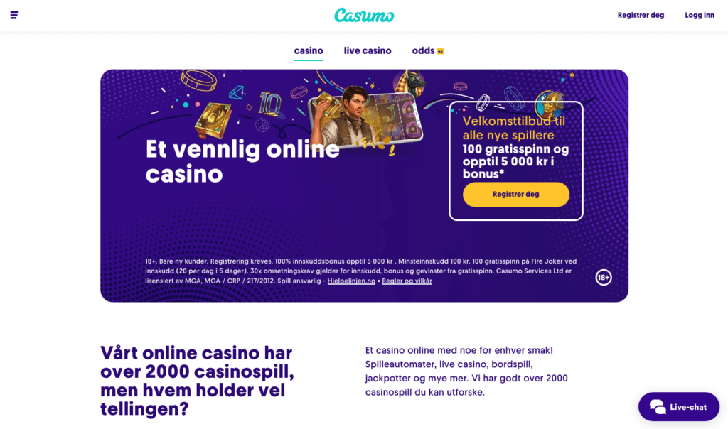 Forsiden til nettcasinoet Casumo Casumo forside